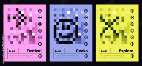 Abstract retro futuristic pixelated print for event. Blurred Cyber rave posters, Y2k Trendy naive illustration. Pixels icons. Invite to festival. Flyer design template with geometry elements. Gentle