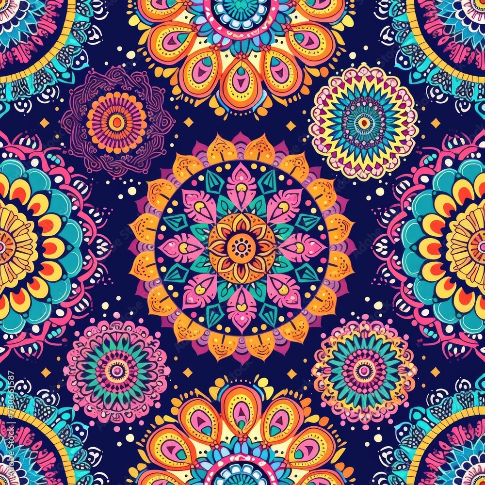 Seamless pattern of detailed mandalas in vibrant colors.