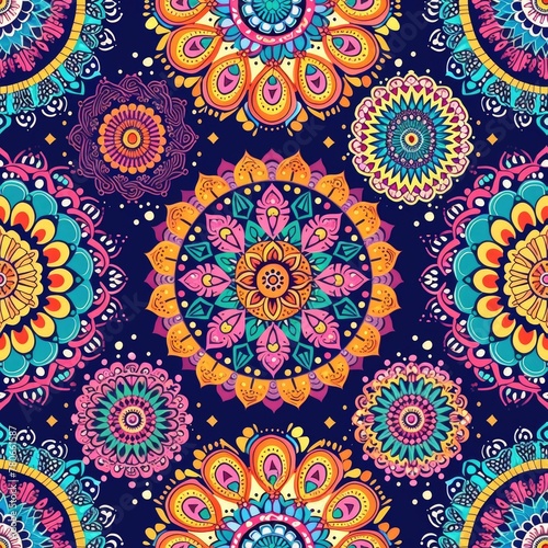 Seamless pattern of detailed mandalas in vibrant colors.