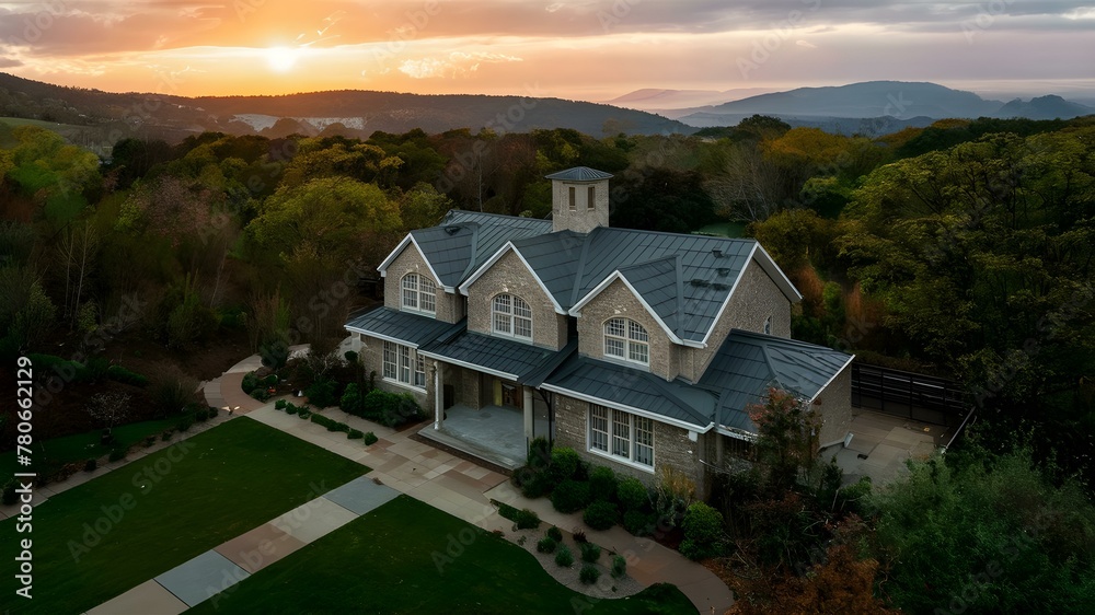 Sunset Over Home with Efficient Metal Gutter System. Concept Sunset Photography, Home Improvement, Metal Gutters, Efficient Drainage System