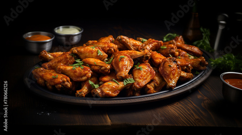 Grilled sticky chicken wings on plate over dark background. Buffalo chicken wings with sauce. Close up view