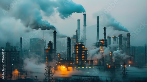 Image of an industrial factory that emits pollutant fumes into the air. photo