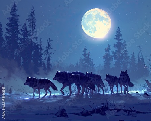 Wolf Pack Roaming Under Full Moon in Winter Forest