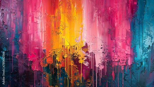 A vivid abstract background with layers of colorful paint dripping down to create a dynamic, textured effect