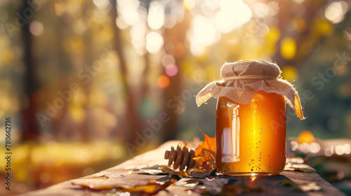 golden honey in a glass jar on the table in light-colored copy space for text