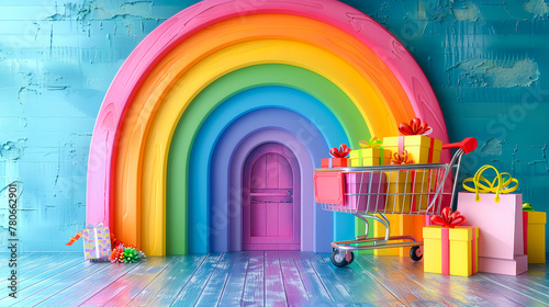 Shopping cart full of gifts and bags. beautiful rainbow background. Copy space. photo
