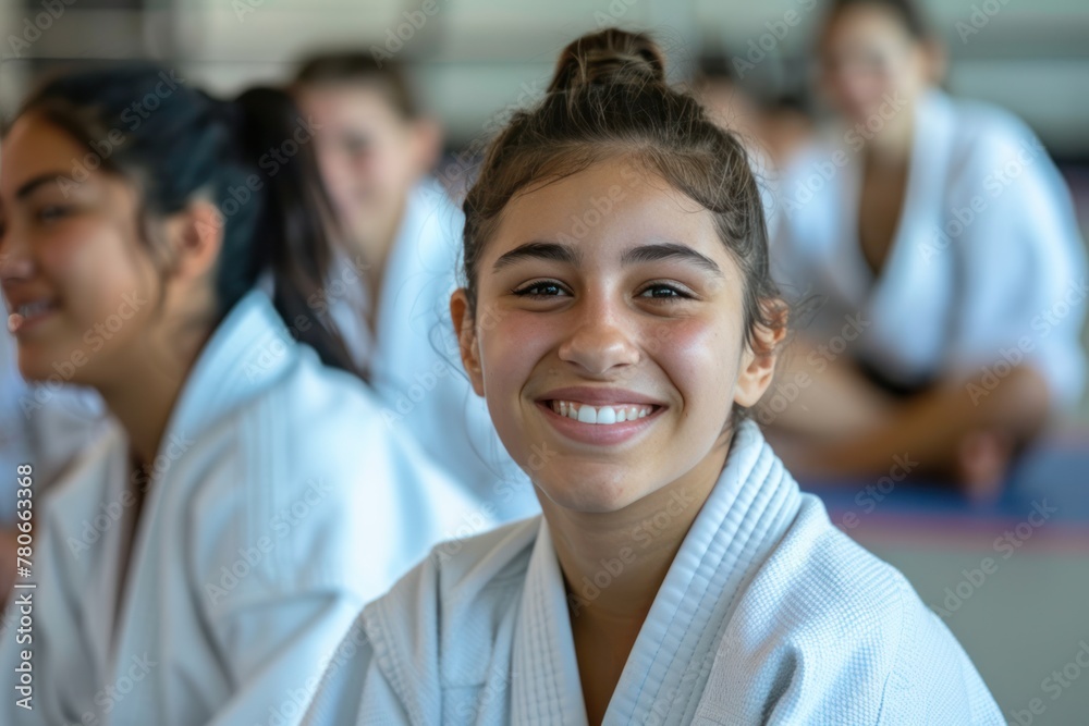 Portrait of happy students in a judo class at the gym Portrait of happy students in a judo class at the gym