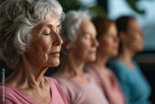 Portrait of elderly women sit in the lotus position meditating in a yoga studio. Mental and spiritual health development at any age 