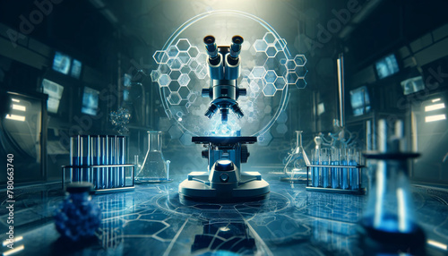 A futuristic laboratory setting with a dominant blue color tone. The image is feature a high-powered microscope at the center