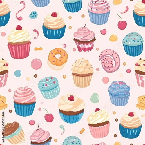 Whimsical pattern of cupcakes and sweets in pastel colors. seamless