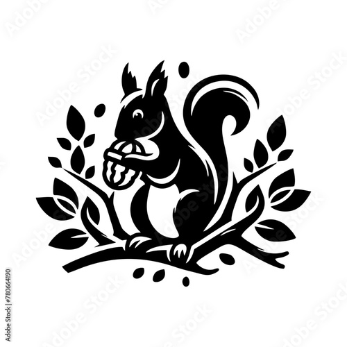 Squirrel logo vector. Squirrel with acorn vector silhouette icon on white background