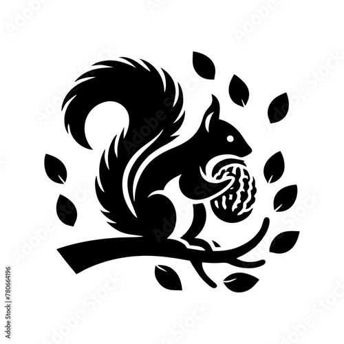 Squirrel logo vector. Squirrel with acorn vector silhouette icon on white background