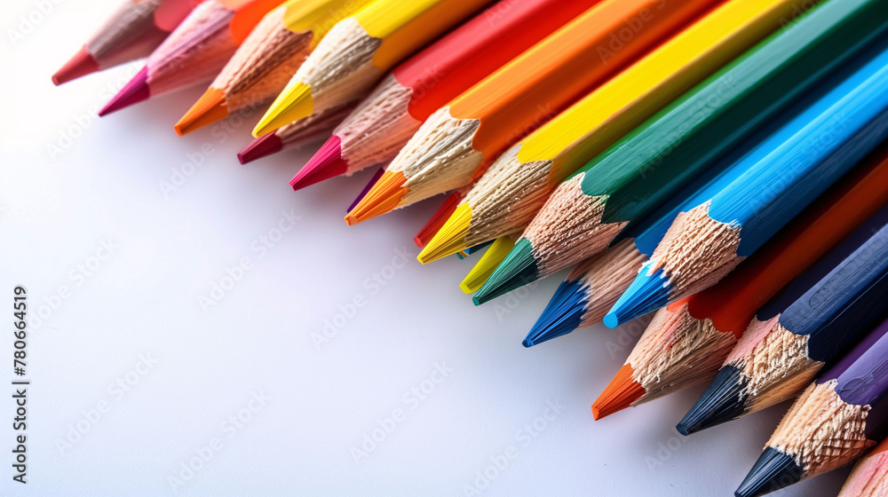 Assorted colored pencils arranged in a row on a white background, showcasing a spectrum of vibrant colors with sharp tips pointing diagonally, ideal for art and education themes.