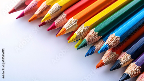 Assorted colored pencils arranged in a row on a white background, showcasing a spectrum of vibrant colors with sharp tips pointing diagonally, ideal for art and education themes. photo