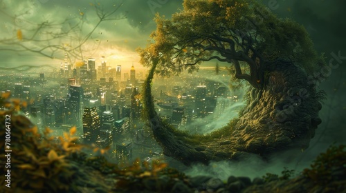 A surreal depiction of a spiral green world, where a cityscape is nestled inside an eggshell