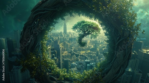 A surrealistic representation of a spiral green world, with a cityscape nestled inside an eggshell