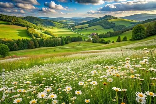 Beautiful spring and summer natural panoramic pastoral landscape with blooming field of daisies in the grass in the hilly countryside.