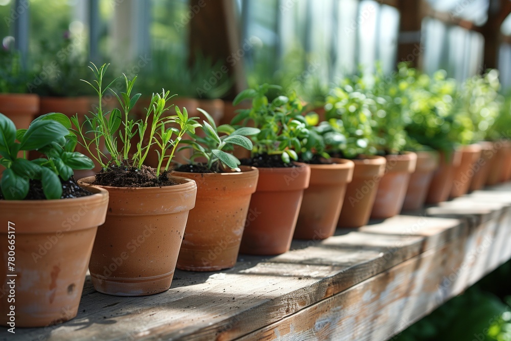 Row of culinary herb plants in terracotta pots on a wooden greenhouse shelf. Concept of home gardening and sustainable living