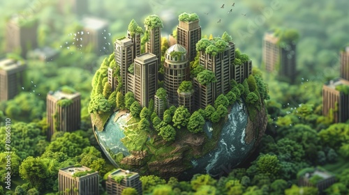 A vector illustration design showcasing a 3D-rendered Earth with a green cityscape © MAY