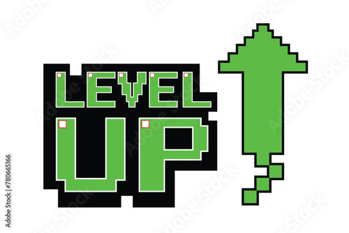 LEVEL UP ! text with gold coin on green background. pixel art .8 bit game. retro game. for game assets in vector illustrations.