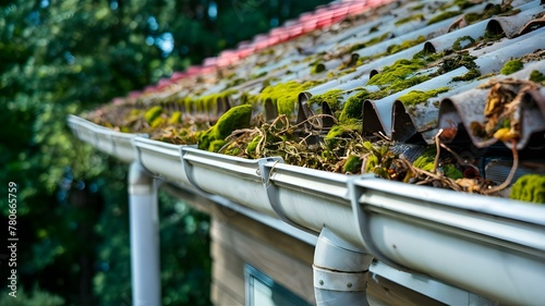 Neglected Gutters Overgrown with Moss and Debris. Concept Gutter Maintenance, Moss Removal, Debris Clearing, Neglected Home Exterior, Overgrown Downspouts