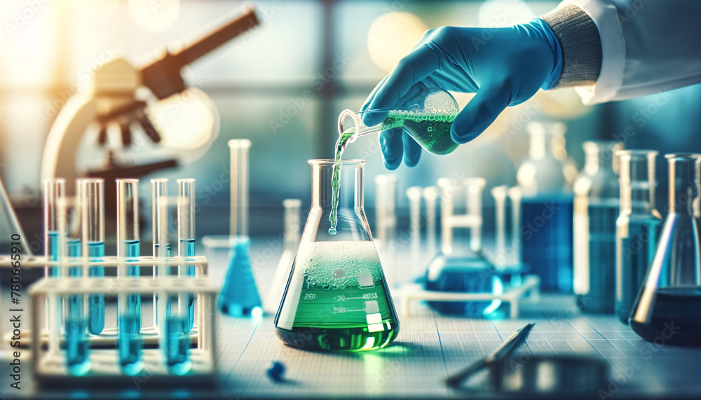 A scientist's hands wearing blue latex gloves, performing a chemical experiment in a laboratory A scientist's hands wearing blue latex gloves, performing a chemical experiment in a laboratory