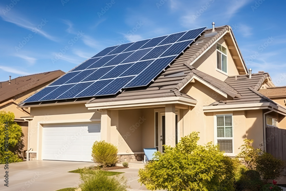 house with solar panels installed on the roof, eco-friendly