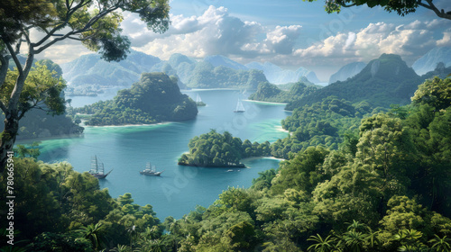 Classic sailing vessels meander through serene blue waters among a network of lush tropical islands and karst mountain landscapes.