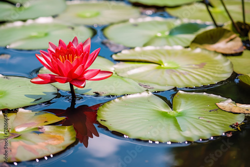 red blooming lotus flower on the water  beautiful aquatic flower  close