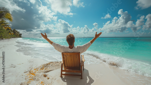 Young man enjoying summer vacation on tropical beach. tourist man who enjoys a view on the island against the background of the beauty of the sea with coral reefs. Summer holiday vacation trip photo