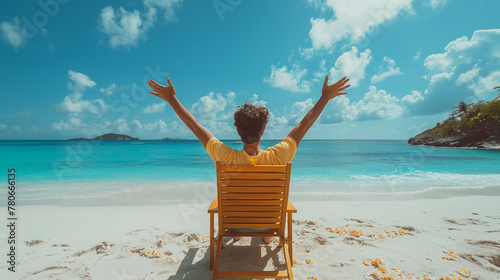 Young man enjoying summer vacation on tropical beach. tourist man who enjoys a view on the island against the background of the beauty of the sea with coral reefs. Summer holiday vacation trip photo