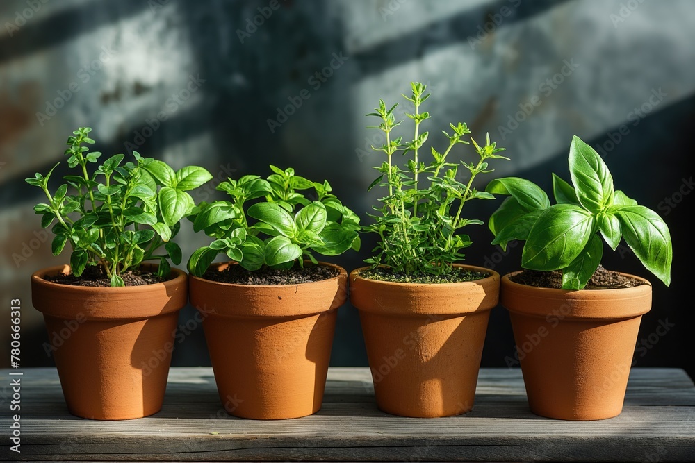Sunlit herb collection in clay pots on rustic wooden background - organic home cooking and herb gardening