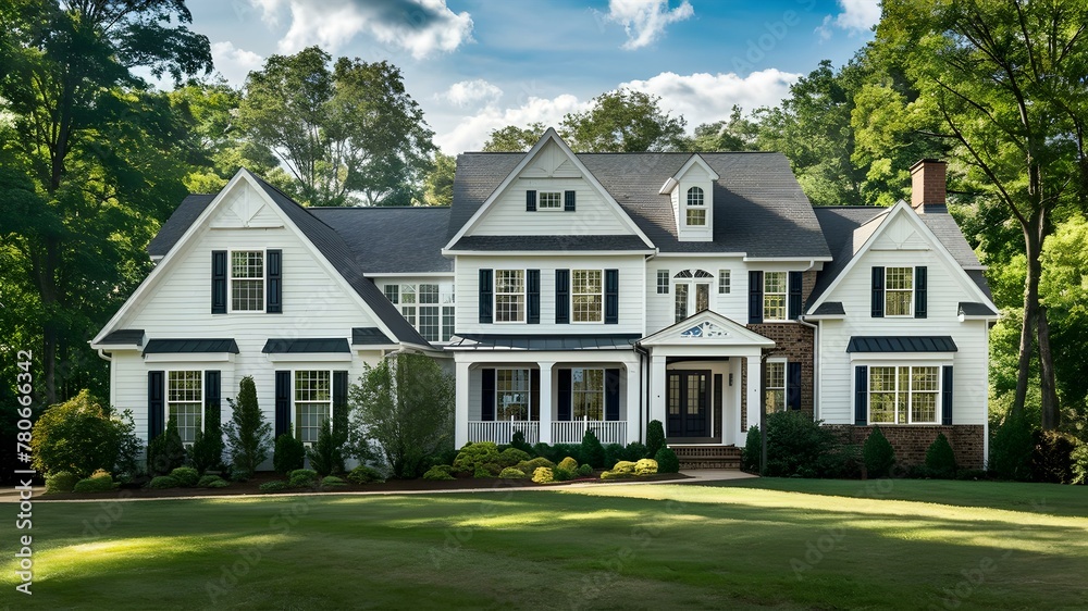 Elegant Suburban Retreat with Brick Details and Gabled Roof. Concept Suburban Living, Elegant Design, Brick Architecture, Gabled Roof, Retreat Atmosphere