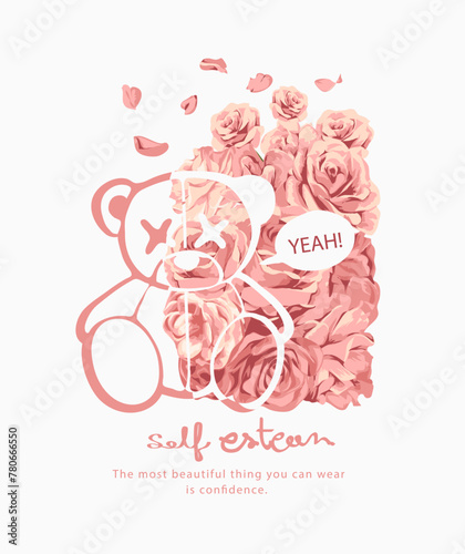 self esteem calligraphy slogan with cartoon bear on pink roses background hand drawn vector illustration