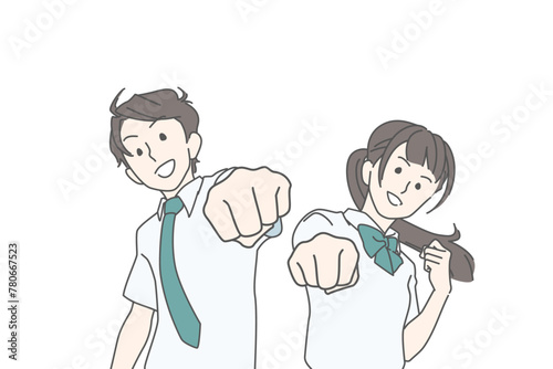 笑顔でファイティングポーズをする男子生徒と女子生徒のイラスト