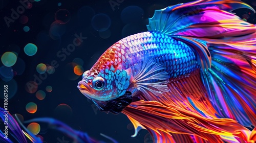 A mesmerizing moment with a fighting fish  its rainbow beauty highlighted in a detailed close-up against black