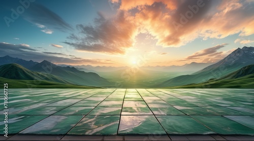 Empty square floor and green mountain with sky clouds at sunset. Panoramic view, adorned with wispy clouds, forming a captivating panoramic tableau of nature's beauty photo