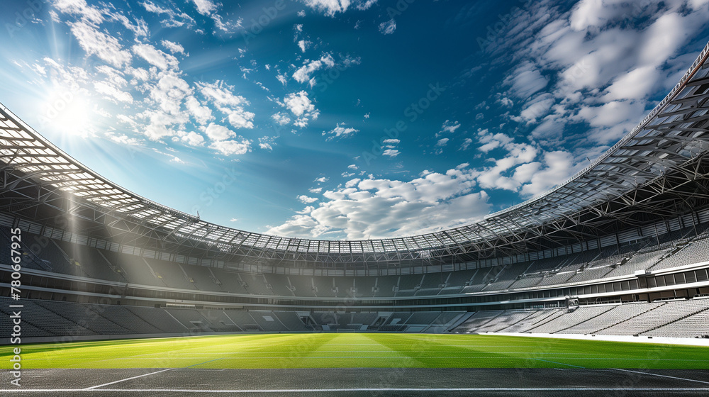 Empty Modern Stadium with Sun Rays Shining on Green Field and Blue Sky Empty Modern Stadium with Sun Rays Shining on Green Field and Blue Sky
