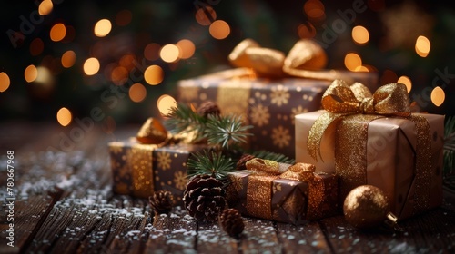 (An enchanting arrangement of gift boxes adorned with golden ribbons and pine cones