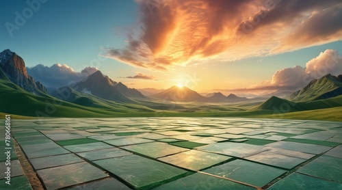 Empty square floor and green mountain with sky clouds at sunset. Panoramic view, adorned with wispy clouds, forming a captivating panoramic tableau of nature's beauty