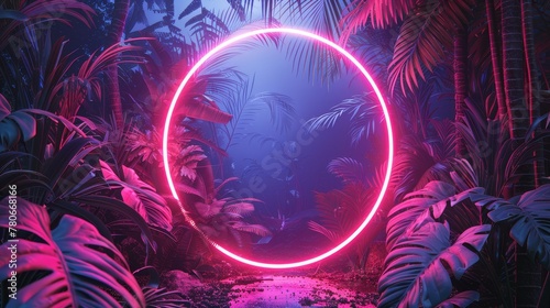Fototapeta Naklejka Na Ścianę i Meble -  An illuminating neon circle amidst tropical leaves, set against the backdrop of a dark, blue jungle