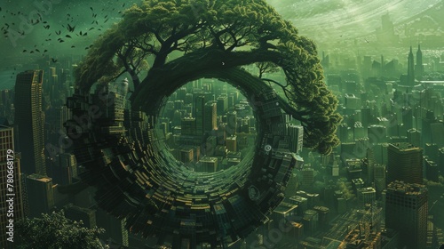 An imaginative portrayal of a spiral green world, featuring a cityscape within an eggshell