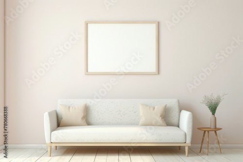 Picture a serene scene with a beige and Scandinavian sofa beside a white blank empty frame for copy text, against a soft color wall background.