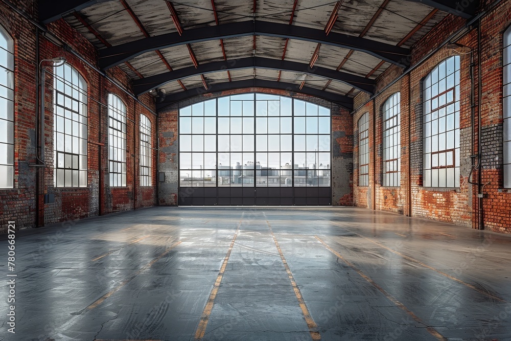 A large, vintage industrial loft featuring expansive windows and a vast open floor space with aged brick walls