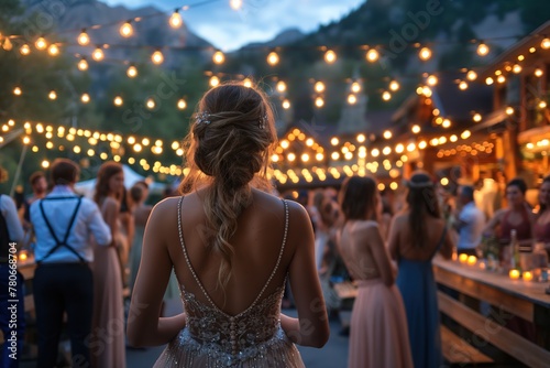 people attending wedding party romantic atmosphere with flower and light, Generative Ai