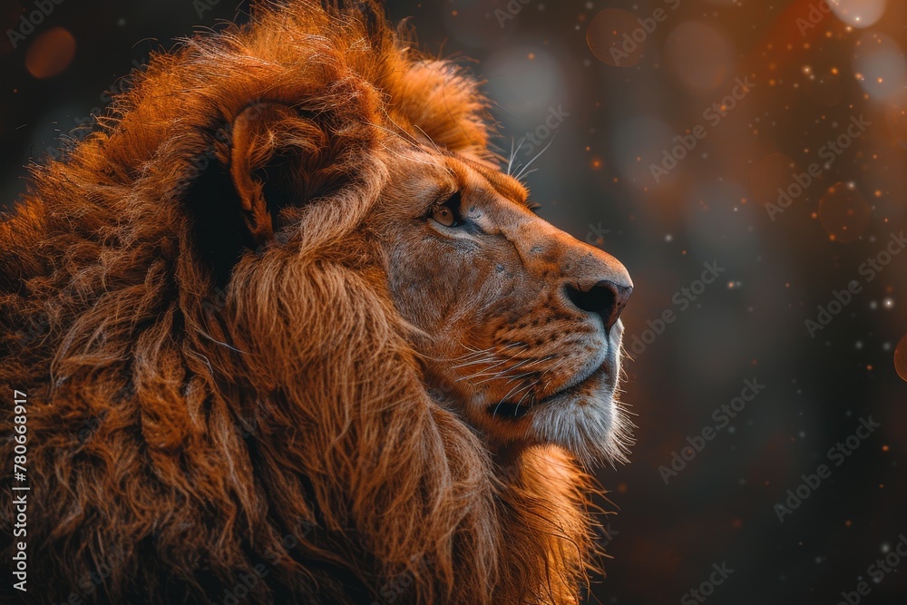Obraz premium A stunning profile view of a majestic lion with a captivating gaze against a glowing evening sky