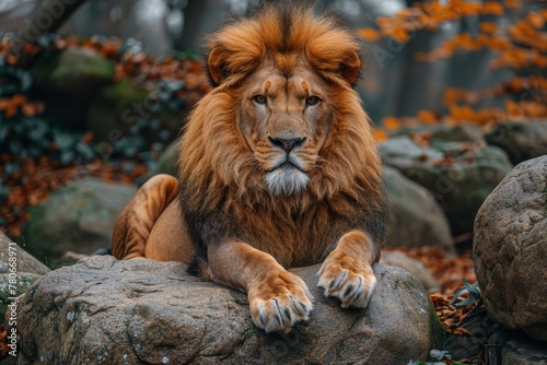A powerful lion king rests atop rock formations surrounded by fall foliage, exuding calm authority