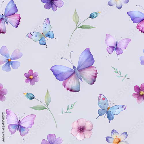 Seamless pattern with colorful blooms and butterflies 1