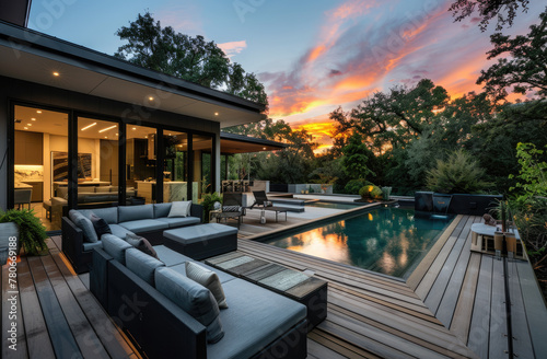 modern outdoor patio with pool, wood deck, couches and chairs, sunset, umbrellas, lush landscaping © Kien
