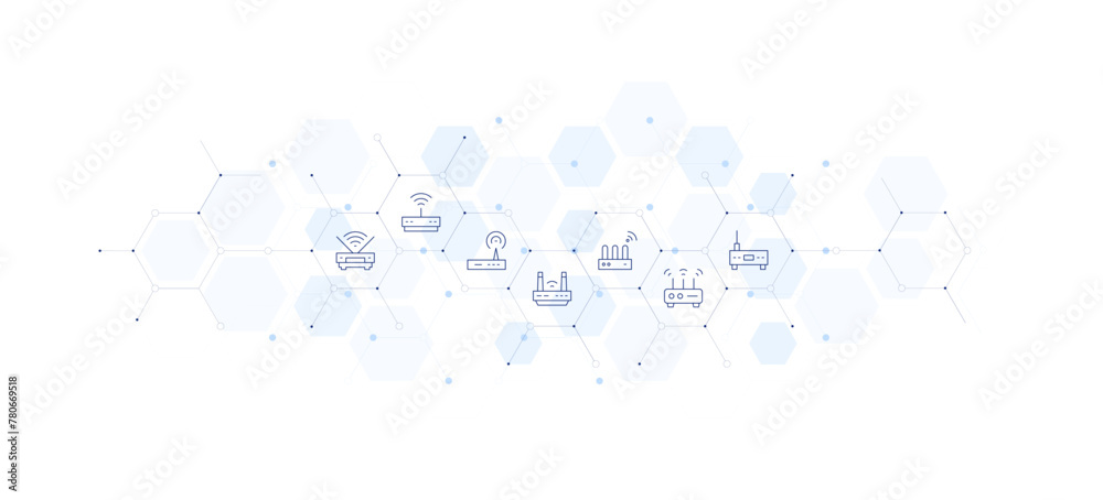 Router banner vector illustration. Style of icon between. Containing modem, router.
